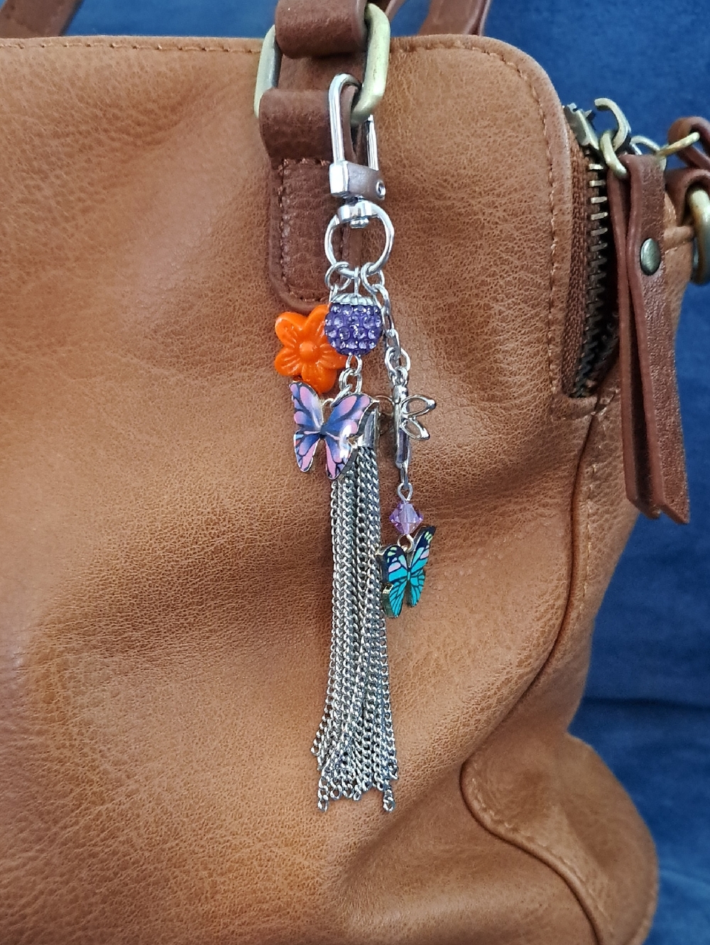 HANDMADE PURSE CHARM Fun Colorful Butterflies, Flower, And Silver Tassel, 5"